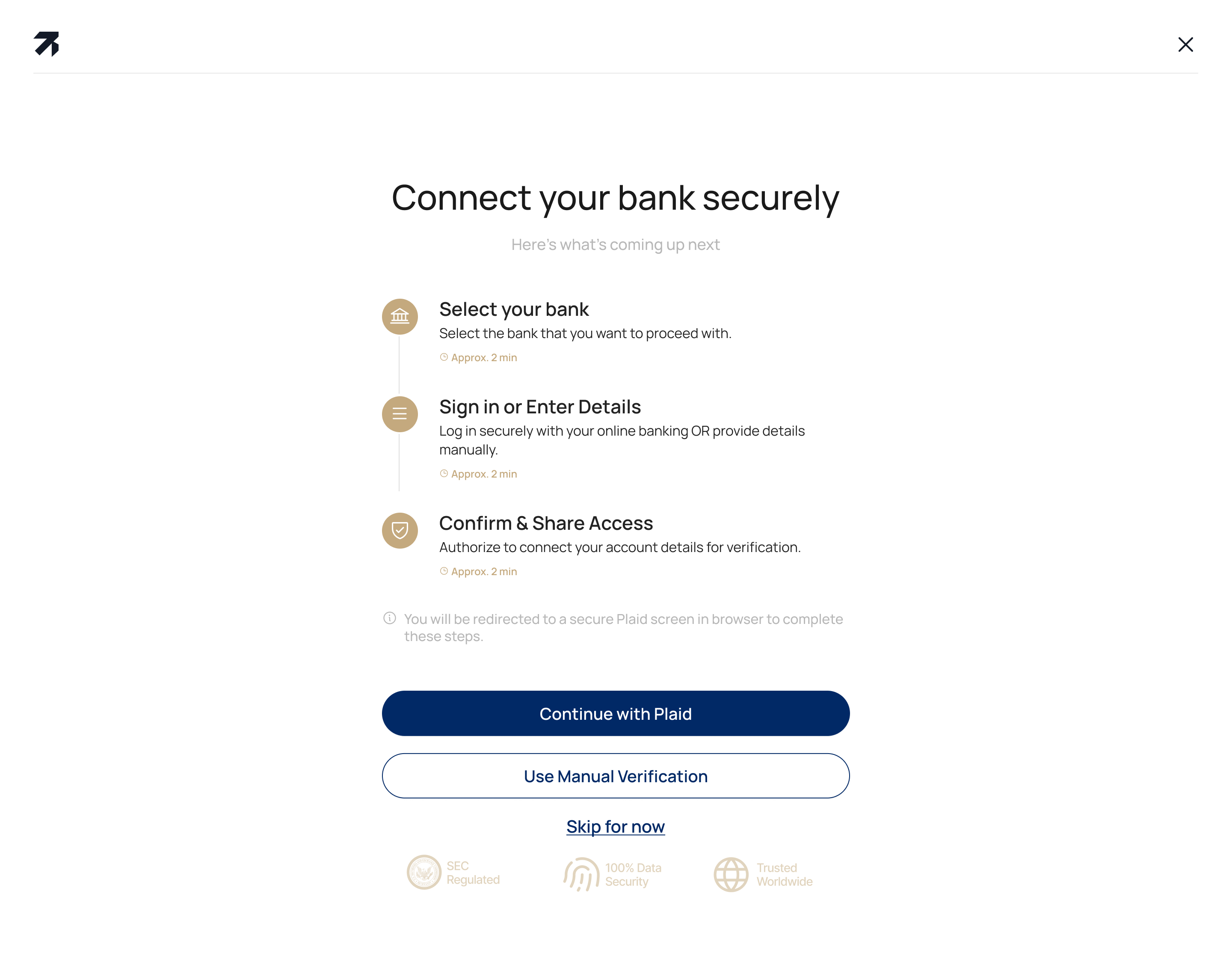 Bank connection screen showing secure Plaid integration